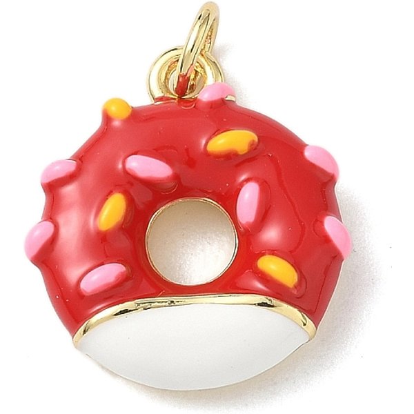 Brass Enamel Pendants, Donut Charms with Jump Rings, Rack Plating, Cadmium Free & Lead Free, Long-Lasting Plated, Real 18K Gold Plated, Red, 18.5x16.5x4.5mm, Hole: 3.5mm