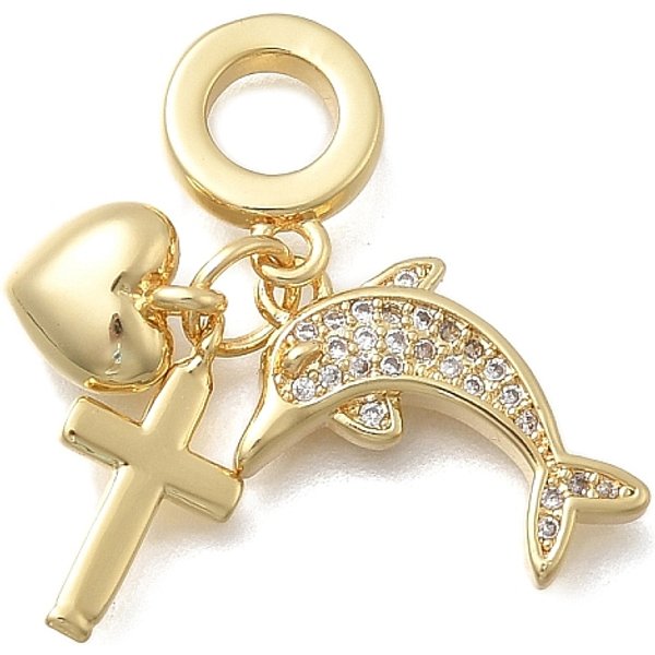 Breloques EuropéEnnes En Laiton Micro Pavé Clair Zircone Cubique, Pendentifs à Gros Trous En Forme De CœUr Et De Croix, Sans Cadmium Et Sans Plomb, Plaqué Longue DuréE, CréMaillèRe Plaquage, VéRitable 18K Plaqué Or, Dauphin, 29Mm, Trou...-image