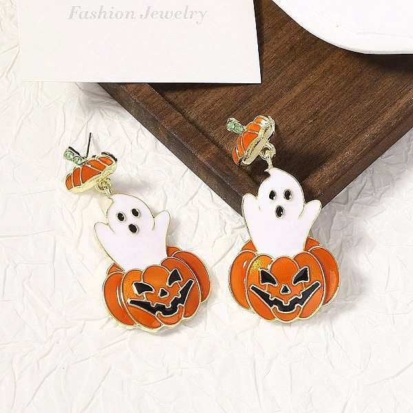 Ghost With Pumpkin Alloy Dangle Stud Earrings, With Enamel And Rhinestone, Golden, 52X26Mm-image