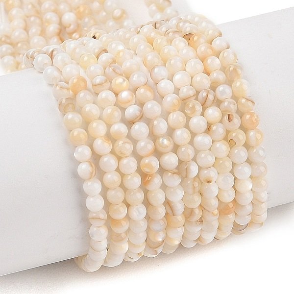 Natural Freshwater Shell Beads Strands, Round, Seashell Color, 4mm, Hole: 0.6mm, about 92pcs/strand, 14.96''(38cm)