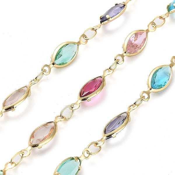 Cadenas De Eslabones De Ojo De Caballo De Vidrio De Colores Hechas A Mano, Con Fornituras De LatóN, Con Carrete, Soldada, Real 18K Chapado En Oro, Ojo Del Caballo: 14X4.5X1.8 Mm, 4X2.5X0.2Mm, Aproximadamente 16.40 Pie (5 M) / Rollo-image