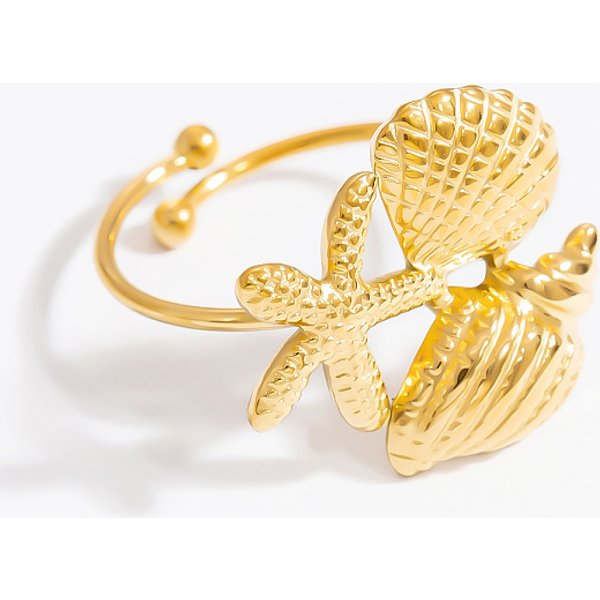 304 Stainless Steel Adjustable Cuff Rings For Women, Starfish & Shell Shape, Golden, Ornament: 21X19Mm, Inner Diameter: 18Mm-image