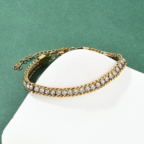 304 Stainless Steel Curb Chain Bracelets For Women, With Rhinestone, Pvd Vacuum Plating, Real 22K Gold Plated, 7-1/8 Inch(18Cm)-image