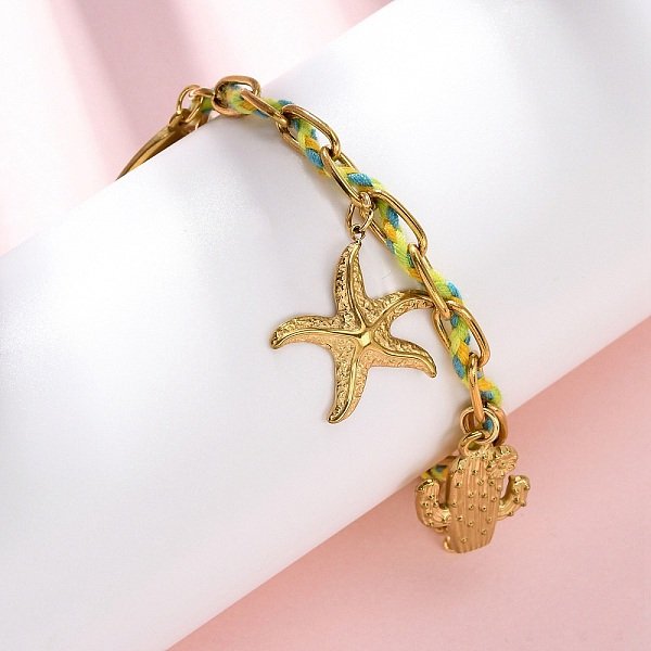 304 Stainless Steel Rope Enamel Charm Bracelets, With Dyed Shell, Ion Plating(Ip), Starfish, Real 18K Gold Plated, 6-3/4 Inch(17Cm)-image