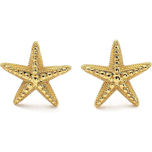 Rack Plating Brass Starfish Stud Earring, Cadmium Free & Lead Free, Long-Lasting Plated, Real 18K Gold Plated, 13X14Mm-image