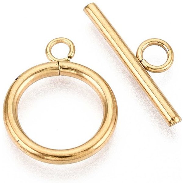 Ion Plating(IP) 304 Stainless Steel Ring Toggle Clasps, Real 18K Gold Plated, 19x15x2mm, Hole: 2.2mm, Bar: 6.5x21x2mm, Hole: 3mm
