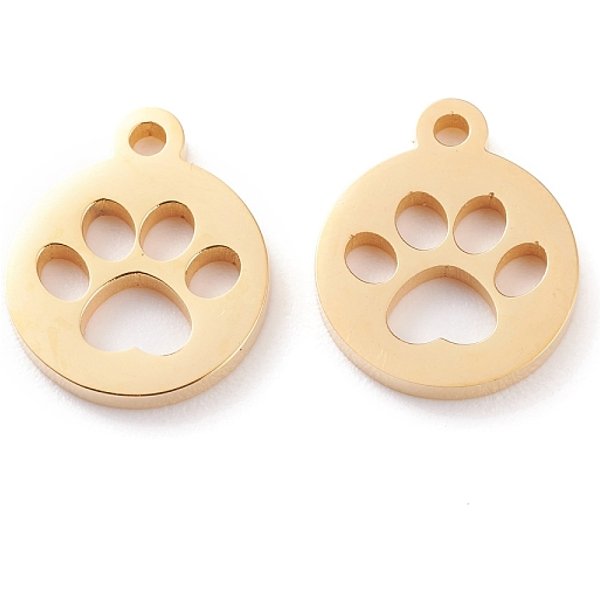 Ionenplattierung (Ip) 304 Edelstahl-AnhäNger, Laserschnitt, Flach Rund Mit Hund FußAbdruck, Golden, 13X11X1.5 Mm, Bohrung: 1.4 Mm-image
