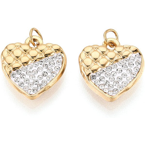 304 Stainless Steel And Polymer Clay Crystal Rhinestone Pendants, Heart Charms, With Jump Ring, Ion Plating(Ip), Real 18K Gold Plated, Crystal, 14X13X3Mm, Hole: 2.8Mm-image