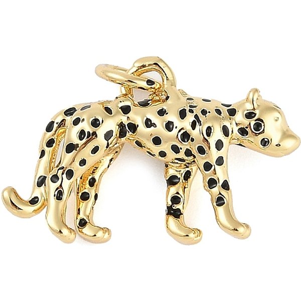 Rack Plating Brass Enamel Pendants, With Jump Ring, Long-Lasting Plated, Cadmium Free & Lead Free, Real 18K Gold Plated, Leopard Charm, Black, 14X20X5.5Mm, Hole: 3Mm-image