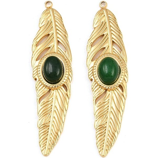GefäRbt NatüRliche WeißE Jade AnhäNger, FederanhäNger Mit Fassungen Aus 304Er Edelstahl, Echtes 18K Vergoldet, GrüN, 48X12X5 Mm, Bohrung: 1.4 Mm-image