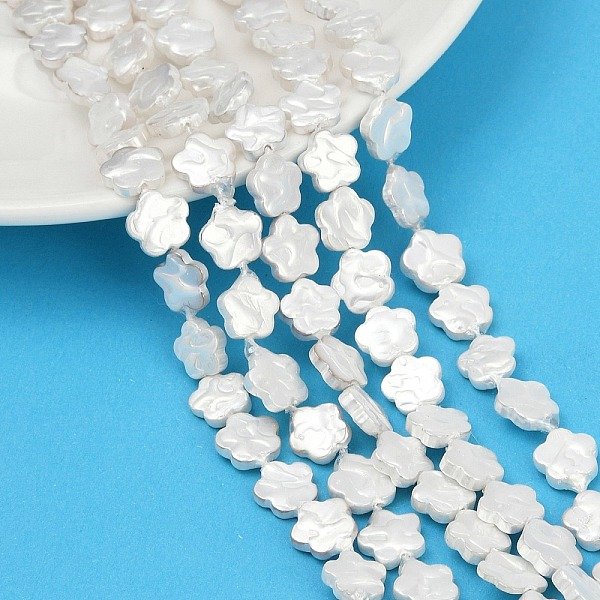 Electroplate Shell Pearl Beads Strands, Flower, Pearlized, White, 10X10X3Mm, Hole: 0.8Mm, About 37Pcs/Strand, 15.20''(38.6Cm)-image