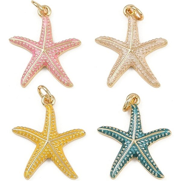 Brass Enamel Pendants, With Jump Ring, Starfish Charm, Real 18K Gold Plated, Rack Plating, Lead Free & Cadmium Free, Long-Lasting Plated, Mixed Color, 21.5X18X2.5Mm, Hole: 3Mm-image