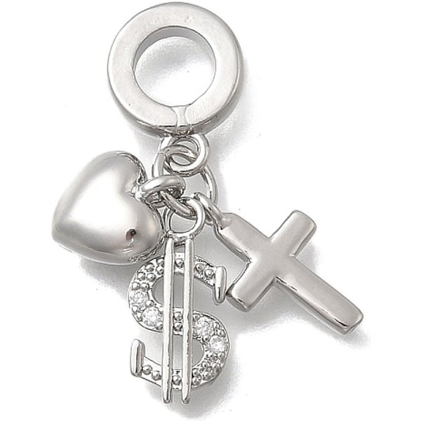 Breloques EuropéEnnes En Laiton Micro Pavé Clair Zircone Cubique, Pendentifs à Gros Trous En Forme De CœUr Et De Croix, Sans Cadmium Et Sans Plomb, Plaqué Longue DuréE, CréMaillèRe Plaquage, Platine, Signe Du Dollar, 25.5Mm, Trou: 5.5Mm-image