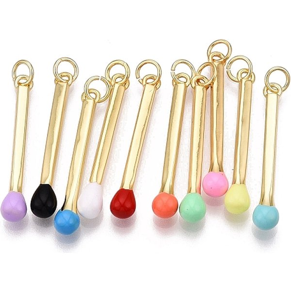 Brass Enamel Pendants, With Jump Ring, Cadmium Free & Nickel Free & Lead Free, Match, Real 16K Gold Plated, Mixed Color, 30X4.5Mm, Jump Ring: 5X1Mm, 3Mm Inner Diameter-image
