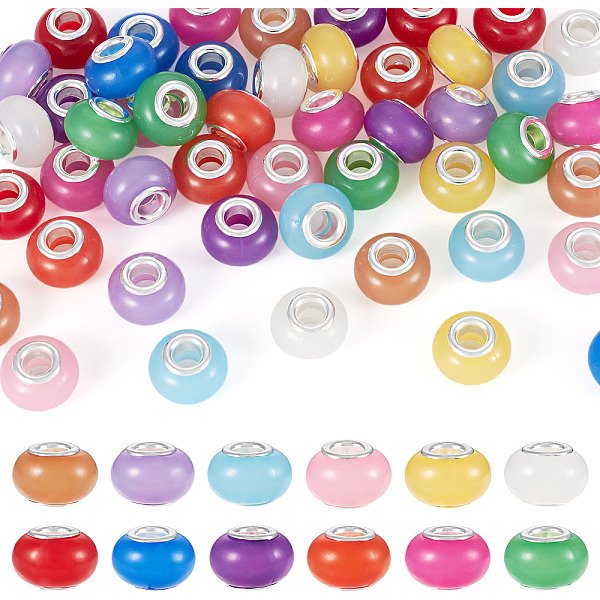 60 Pz 12 Colori Perline Europee Acriliche Luminose, Si Illuminano Al Buio, Tondo, Grano Grosso Buco, Colore Misto, 14X9Mm, Foro: 4.5 Mm, 5 Pz / Colore-image