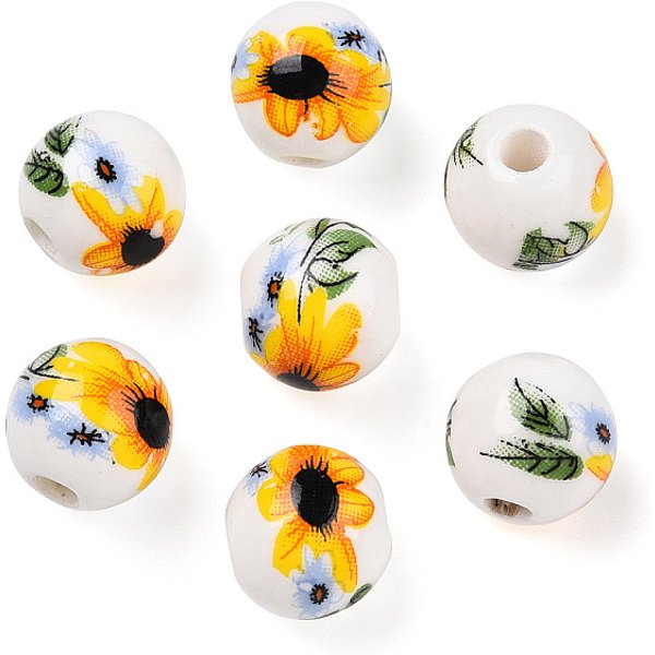 Handmade Porcelain Beads, Round With Sunflower Pattern, White, 10Mm, Hole: 2Mm-image