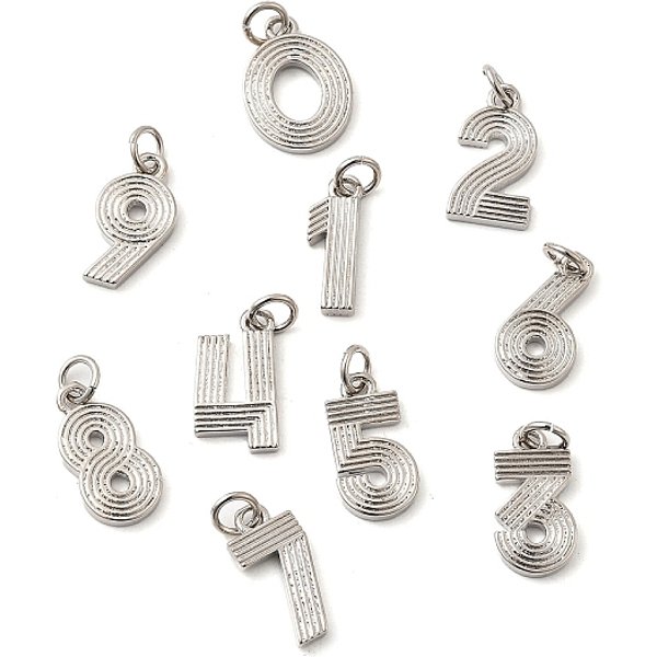 Brass Pendants, Number Charms, Long-Lasting Plated, Lead Free & Cadmium Free, Rack Plating, With Jump Ring, Platinum, 15X5-11X1.5-2Mm, Hole: 3.5Mm-image