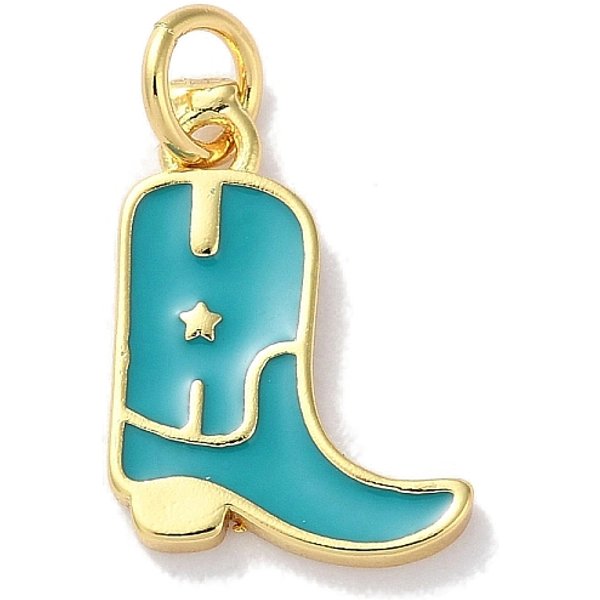Rack Plated Brass Enamel Charms, with Jump Ring, Long-Lasting Plated, Lead Free & Cadmium Free, Real 18K Gold Plated, Cowboy Boot Charm, Medium Turquoise, 14x11x1.5mm, Hole: 3.4mm