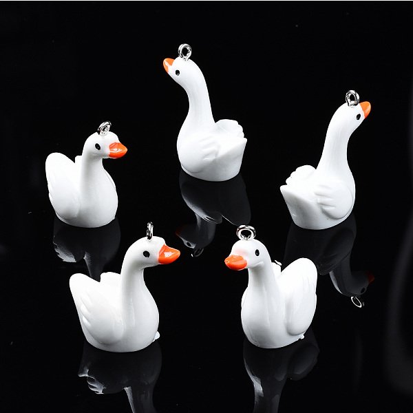 Opaque Resin Pendants, With Platinum Tone Iron Loop, 3D Cygnet, White, 29X25-26X15-16Mm, Hole: 2Mm-image