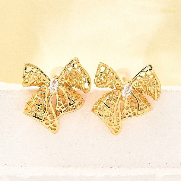 Pendientes De Tuerca Con Circonita CúBica Y Micropavé De LatóN Con Lazo, Plateado De Larga DuracióN, Sin NíQuel, Real 18K Chapado En Oro, Claro, 17X16Mm-image