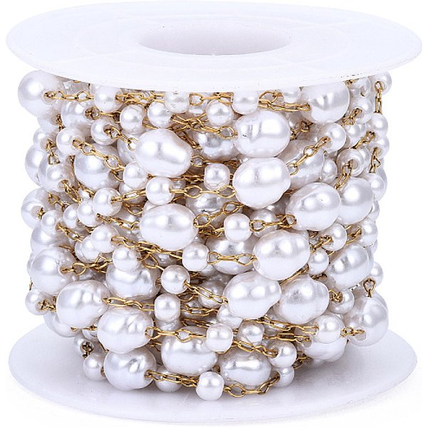 ABS Plastic Pearl Beaded Chains, with Golden 316 Stainless Steel Cable Chains, Soldered, with Spool, Creamy White, 7.5x6.5mm, about 16.40 Feet(5m)/Roll