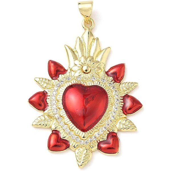 Brass Micro Pave Cubic Zirconia Pendants, Sacred Heart, With Enamel, Rack Plating,Lead Free & Cadmium Free, Long-Lasting Plated, Real 18K Gold Plated, 41.5X30.5X4Mm, Hole: 3.5X4.5Mm-image