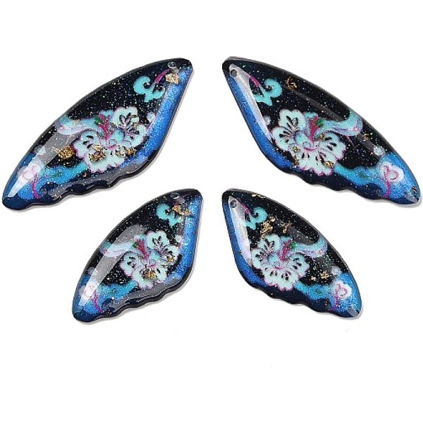 4 PièCes 4 Styles Pendentifs En RéSine éPoxy Transparente, Aile à Motif Floral, Avec Des Paillettes Et De La Feuille D'or, Bleu Clair, 29-39X14 - X 2.5 Mm, Trou: 1Mm-image
