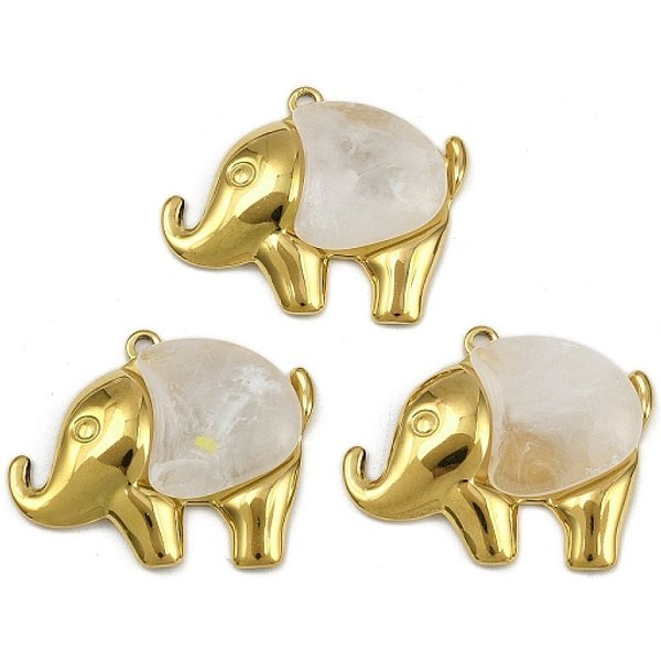 304 Stainless Steel Resin Pendants, Elephant Charms, Ion Plating(Ip), Real 18K Gold Plated, 23X30X5Mm, Hole: 1.5Mm-image