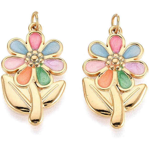 304 Stainless Steel Enamel Pendants, Flower, With Jump Ring, Ion Plating(Ip), Real 18K Gold Plated, Colorful, 22X13X2Mm, Hole: 2.8Mm-image