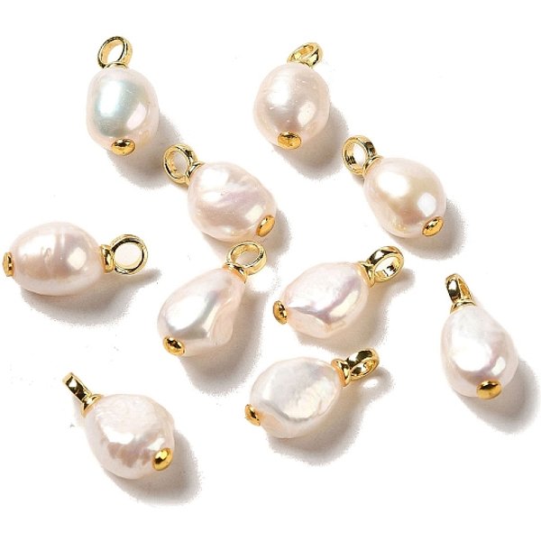 Colgantes De Perlas Naturales, Dijes De Pepitas Con Fornituras De LatóN BañAdas En Oro Real De 18K, Blanco Floral, 18.5-20X8.5-10X7-9Mm, Agujero: 3.2 Mm-image