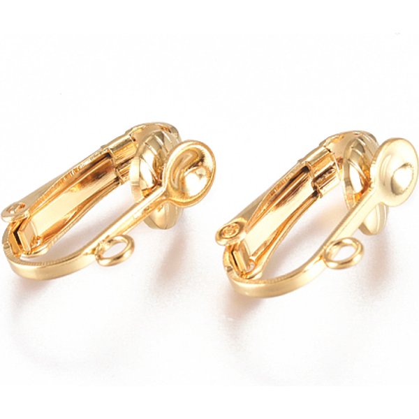 Boucles d'oreilles à clip en acier inoxydable 304, avec boucle, pour oreilles non percées, véritable 18k plaqué or, 16x12x7.5mm, Trou: 1.8mm