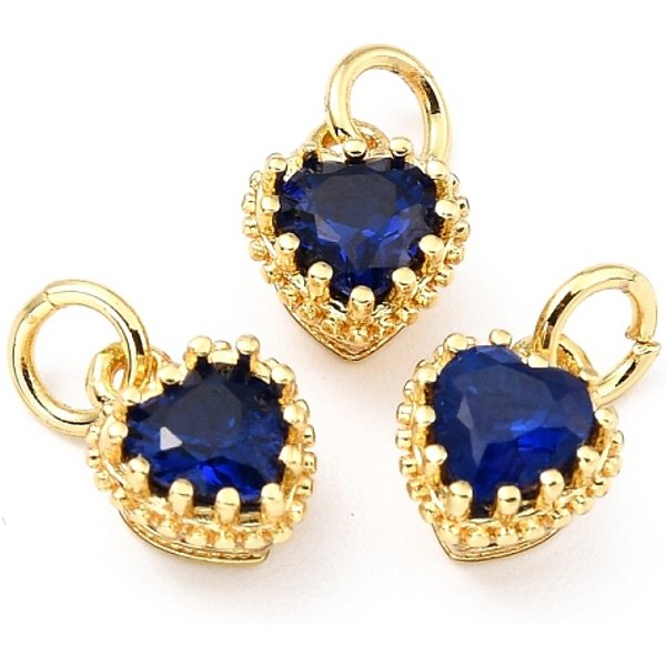 Ciondoli in ottone con micro pavé di zirconi cubici di colore misto, vero placcato oro 18k, placcato di lunga durata, cuore, blu scuro, 9.3x7.4x5.5mm, Foro: 3 mm