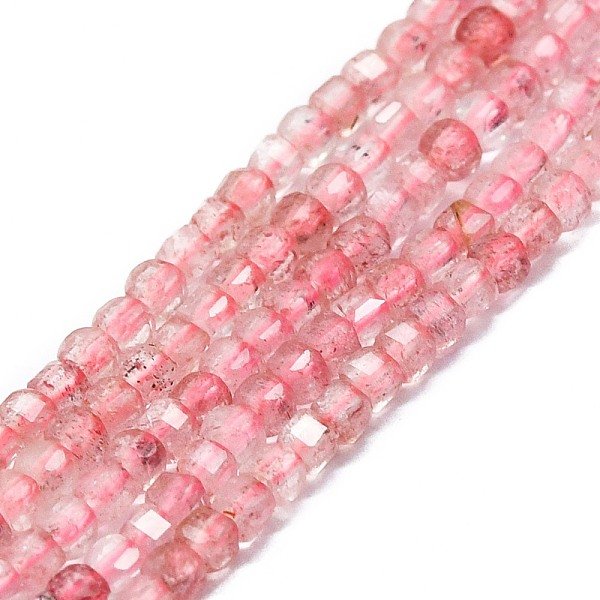 Chapelets De Perles Aux Fraises En Quartz Naturel, Facette, Cube, 2X2X2Mm, Trou: 0.6Mm, Environ 182 Pcs/Chapelet, 15.16''-15.55'' (38.5-39.5 Cm)-image