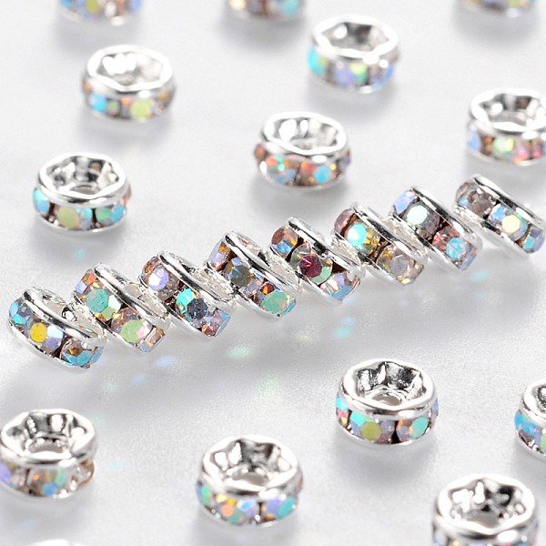Brass Grade A Rhinestone Spacer Beads, Silver Color Plated, Nickel Free, Rondelle, Crystal Ab, 4X2Mm, Hole: 0.8Mm-image