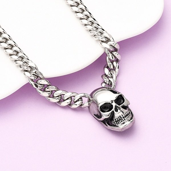 304 Stainless Steel Skull Pendant Cuban Link Chain Necklaces, Antique Silver & Stainless Steel Color, 23.78 Inch(60.4Cm)-image