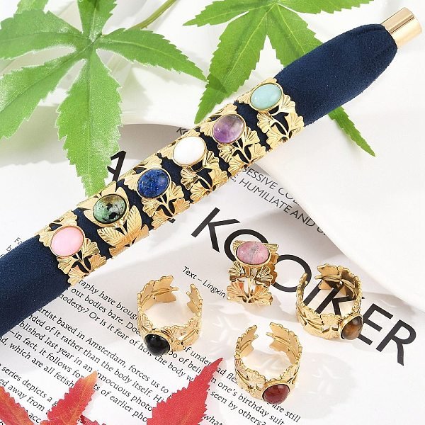 Bagues De Manchette Ouvertes En Acier Inoxydable 304 Avec Feuille De Ginkgo, Bague Ovale En Pierre PréCieuse Naturelle Pour Femme, VéRitable 18K Plaqué Or, Placage Ionique (Ip), 14Mm, RéGlable-image