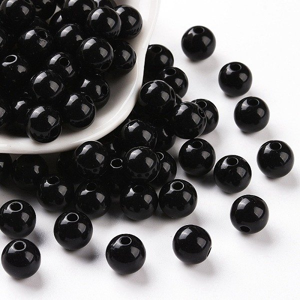 Opaque Acrylic Beads, Round, Black, 8X7Mm, Hole: 2Mm, About 1745Pcs/500G-image