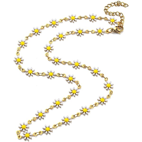 Ion Plating(Ip) 304 Stainless Steel Flower Link Chain Necklace With Enamel, Golden, 16.54 Inch(42Cm)-image
