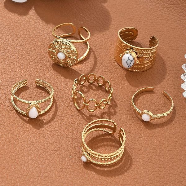 6 ensemble de 6 bagues de manchette ouvertes en acier inoxydable 304 de style ovale, plat, rond et en forme de larme, anneaux empilables en jade blanc naturel, véritable 18k plaqué or, diamètre intérieur: 17-18.4 mm, 1pc / style