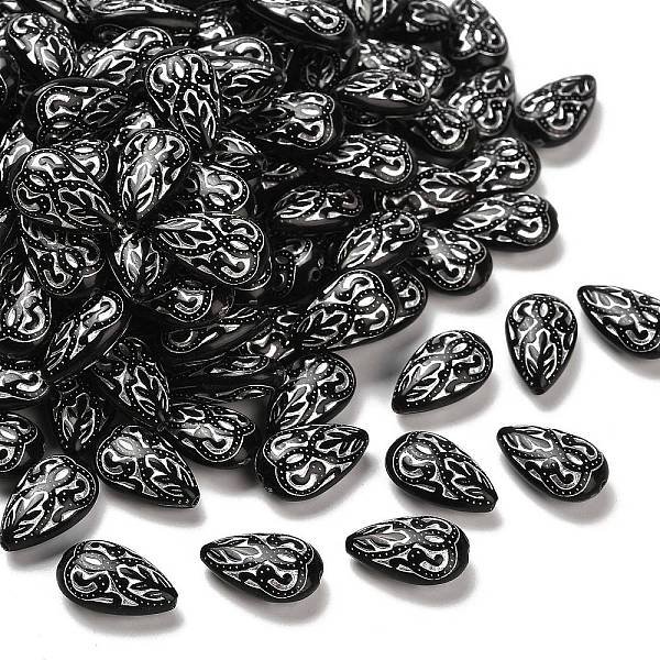 Opaque Acrylic Beads, Silver Metal Enlaced, Teardrop, Black, 18X11.5X7Mm, Hole: 1.6Mm, About 555Pcs/500G-image