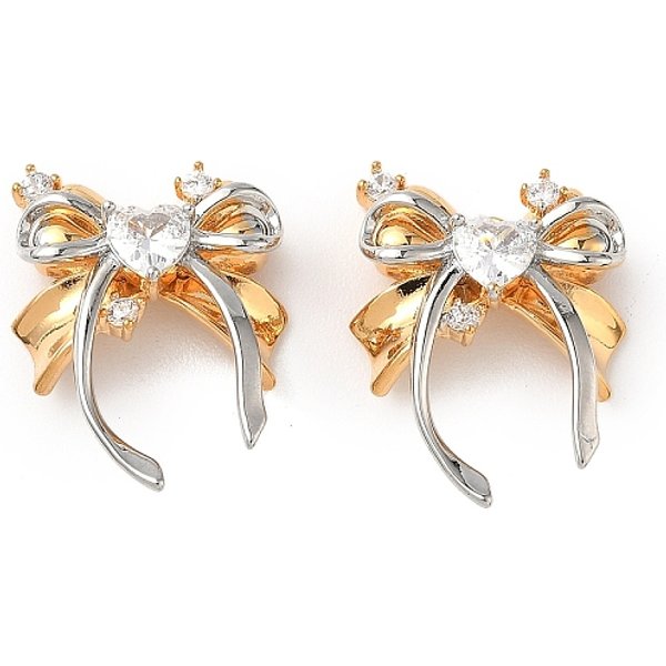 Brass Micro Pave Cubic Zirconia Pendants, Bowknot Charms, Real Gold Plated & Real Platinum Plated, 22X17X5Mm, Hole: 1.4Mm-image