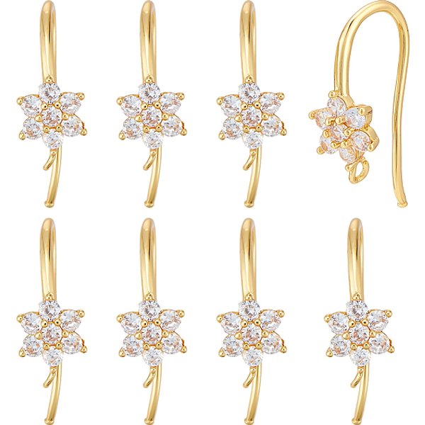 12 StüCk Ohrhaken Aus Messing Mit Mikropflaster Und Zirkonia, Ohrhaken, Nickelfrei, Blume, Mit Horizontaler Schleife, Transparent, Echtes 18K Vergoldet, 18X6.5 Mm, Bohrung: 0.9 Mm, Stift: 1 Mm-image