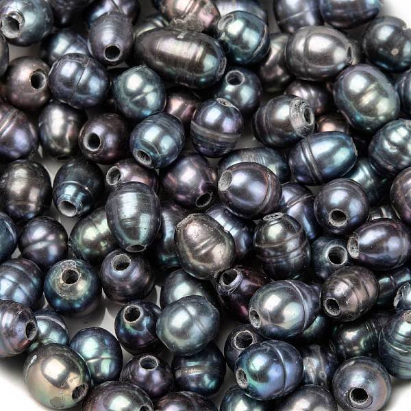 Perles De Perles De Grand Trou, Perles En Vrac De Perles De Culture D'eau Douce Naturelles, Teinte, Riz, Noir, 7-10X7-8Mm, Trou: 1.8Mm-image