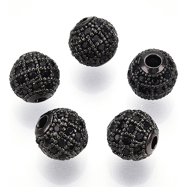 Rack Plating Brass Cubic Zirconia Beads, Long-Lasting Plated, Cadmium Free & Lead Free, Round, Gunmetal, 8X7Mm, Hole: 2Mm-image