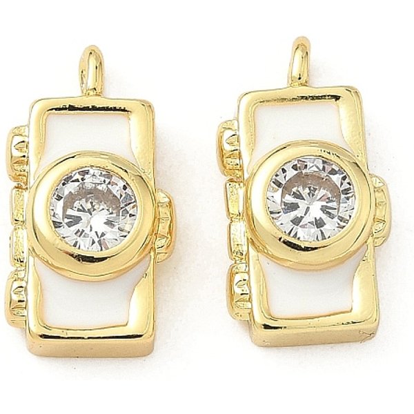 Brass Pave Cubic Zirconia Pendants, With Enamel, Camera, Lead Free & Cadmium Free, Rack Plating, Long-Lasting Plated, Real 18K Gold Plated, White, 16X8.5X5Mm, Hole: 1.6Mm-image
