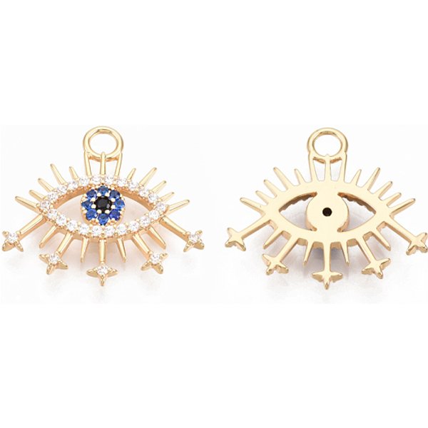 Ottone micro spianare pendenti zirconi, nichel libero, occhio, chiaro e blu, vero placcato oro 18k, 20x22.5x2mm, Foro: 2.2 mm
