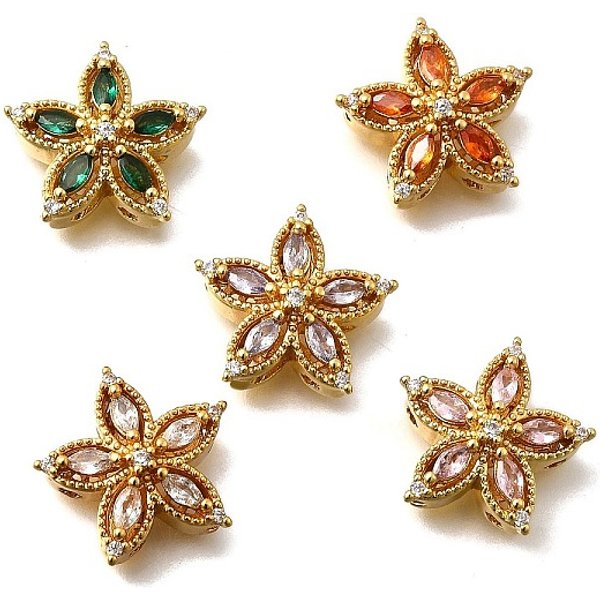 MehrsträNgige Glieder Aus Messing Mit Pavé-Kubikzirkonia, Blume, Echtes 18K Vergoldet, Mischfarbe, 15.5X16.5X6.5 Mm, Bohrung: 1.6 Mm-image