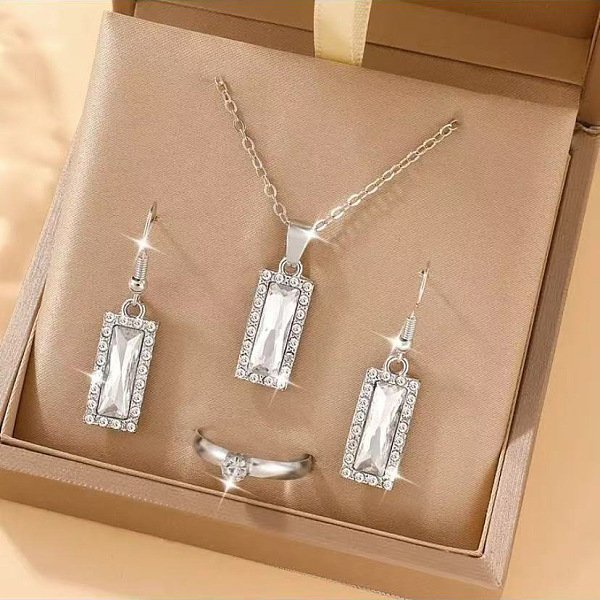 Rechteckige Ohrringe Und Halsketten Mit AnhäNger Und Ringe Aus Legierung Mit Strassen FüR Damen, Transparent, Halskette: 450 Mm-image