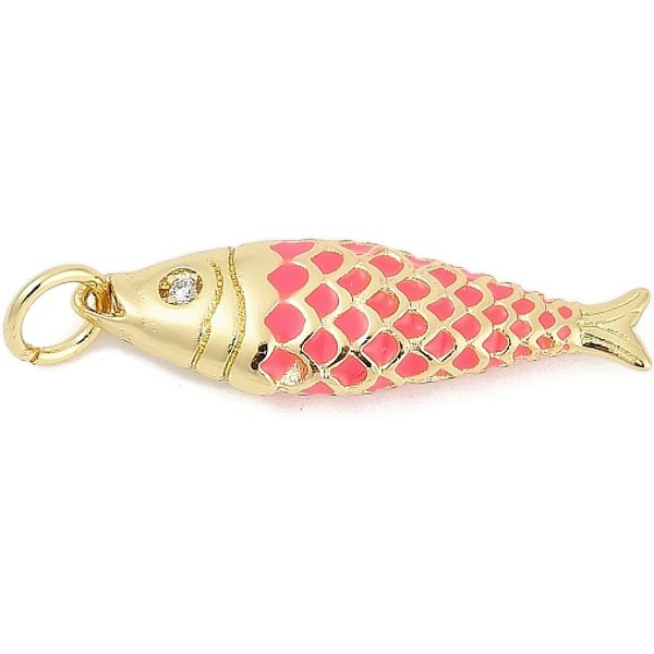 Brass With Cubic Zirconia Pendants, Fish Charms, Cadmium Free & Lead Free, Long-Lasting Plated, Rack Plating, With Jump Ring, Hot Pink, 25.5X7X4Mm, Hole: 3Mm-image