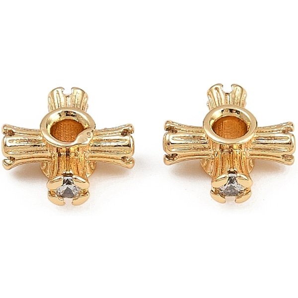 Brass Micro Pave Cubic Zirconia Beads, Cross, Real 18K Gold Plated, 9X9X4Mm, Hole: 2Mm-image